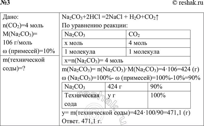 Решение задачи: 3. Техническую соду, массовая доля примесей в которой составляет 10%, обработали соляной кислотой. При этом выделилось 4 моль оксида углерода(ІV). Вычислите массу технической соды, вступившей в реакцию с кислотой.