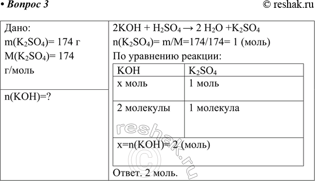 Решение задачи: 3. Вычислите количество гидроксида калия (в молях), вступившего в реакцию с серной кислотой, если в результате образовалось 174 г соли. Ответ 1 Дано: