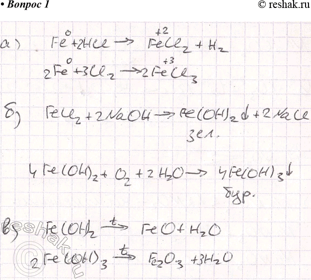 Решение задачи: 1. Составьте уравнения реакций, при помощи которых можно получить: а) соли железа(ІІ) и соли железа(III); б) гидроксид железа(ІІ) и гидроксид железа(III);