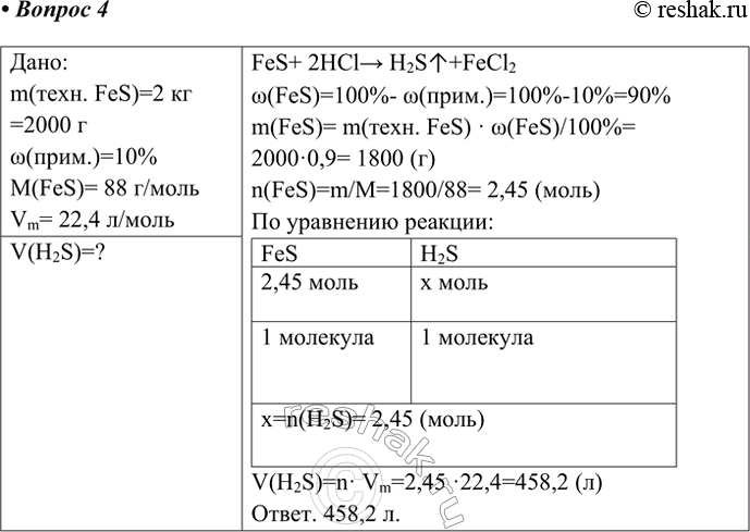Решение задачи: 4. Определите объём сероводорода (н. у.), образовавшегося при реакции соляной кислоты с 2 кг сульфида железа(II), содержащего 10% примесей. Ответ 1 Дано: