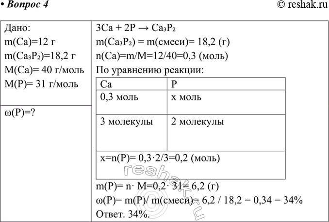 Решение задачи: 4. Смесь фосфора и 12 г кальция прореагировала без остатка. При этом получилось 18,2 г фосфида кальция. Вычислите массовую долю фосфора в исходной смеси.