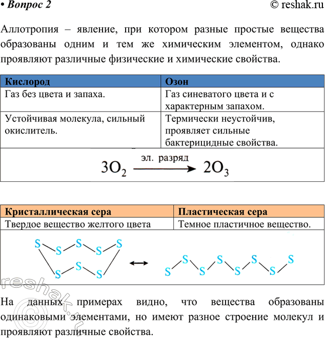 Решение задачи: 2. Сравните свойства кислорода и озона, кристаллической и пластической серы. На этих примерах поясните сущность явления аллотропии. Аллотропия – явление, при котором разные простые вещества образованы одним и тем же химическим элементом, однако проявляют различные физические и химические свойства.