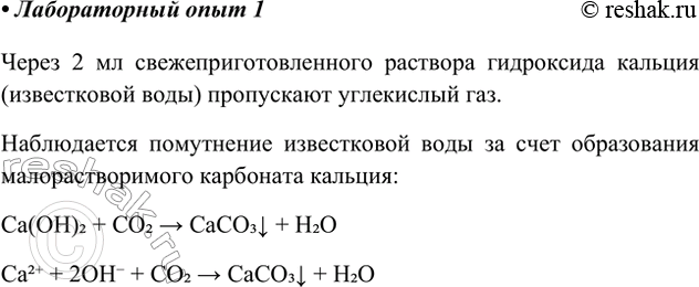 Решение задачи: Лабораторный опыт. Проведение качественной реакции на углекислый газ Через 2—3 мл свежеприготовленного раствора гидроксида кальция (известковой воды) пропустите углекислый газ. • Почему известковая вода мутнеет, если через неё пропускают углекислый газ?