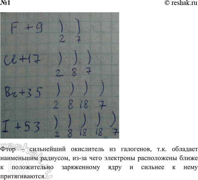 Решение задачи: 1. Начертите схемы распределения электронов по энергетическим уровням в атомах галогенов. Поясните, какой из галогенов и почему должен быть самым сильным окислителем.