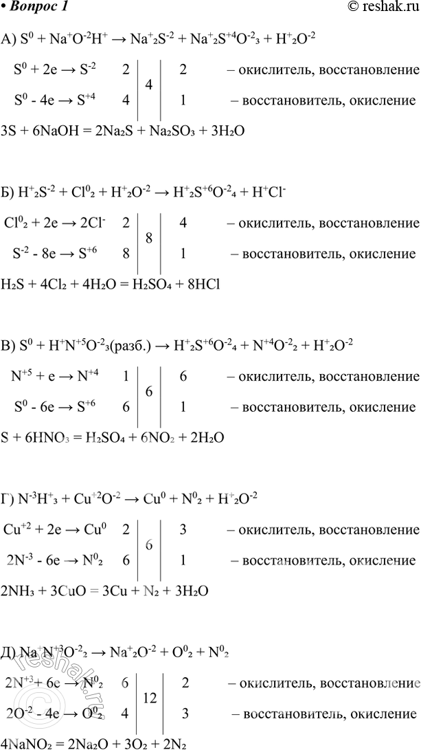 Решение задачи: 1. Расставьте коэффициенты методом электронного баланса в приведённых схемах. А) S0 + Na+O-2H+ &gt; Na+2S-2 + Na+2S+4O-23 + H+2O-2 S0 + 2e &gt;