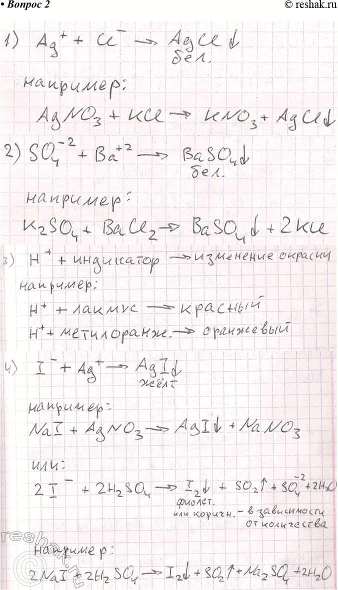 Решение задачи: 2. Даны растворы, содержащие ионы Ag+, SO2 4 +, Н+, I-. Используя таблицу «Определение ионов» (с. 219), определите, с помощью каких реактивов можно распознать эти растворы.