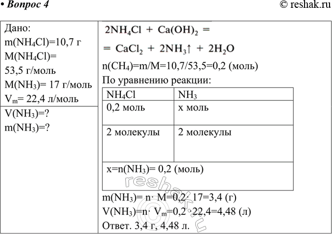 Решение задачи: 4. 10,7 г хлорида аммония смешали с гидроксидом кальция и смесь нагрели. Какой газ выделился? Рассчитайте его массу и объём (н.