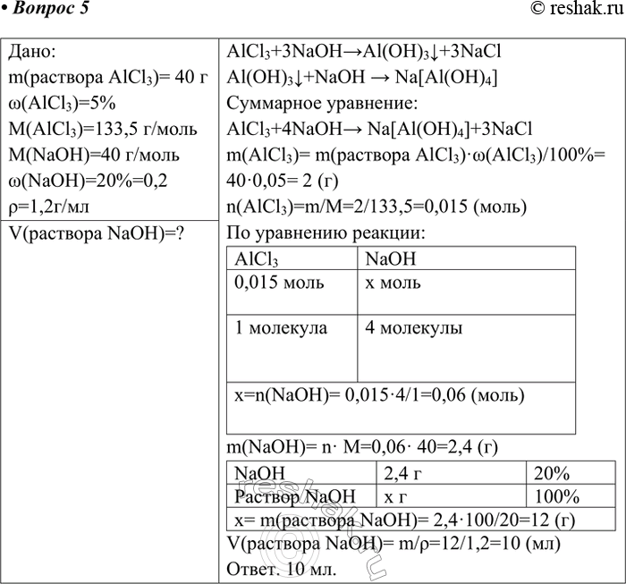 Решение задачи: 5. Дано 40 г раствора, содержащего 5% хлорида алюминия. Сколько потребуется миллилитров раствора (р = 1,2 г/см3), содержащего 0,2 массовой доли, или 20%, гидроксида натрия, чтобы хлорид алюминия полностью превратить в тетрагидроксоалюминат натрия?
