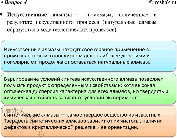 Решение задачи: 4. Составьте инфографику на одну из тем: «В мире алмазов», «Искусственные алмазы», «Аллотропные модификации углерода», «Современные материалы на основе углерода». Искусственные алмазы — это алмазы, полученные в результате искусственного процесса (натуральные алмазы образуются в ходе геологических процессов).
