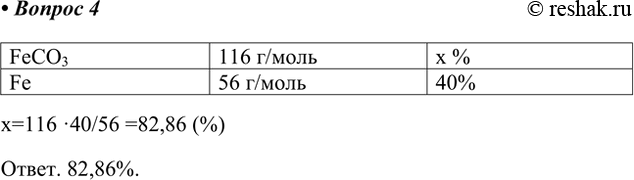 Решение задачи: 4. Образец сидерита, основная часть которого FeCO3, содержит 40% железа. Вычислите, сколько процентов FeCO3 в этом образце. FeCO3 116 г/моль x % Fe 56 г/моль 40% x=116 ·40/56 =82,86 (%) Ответ.