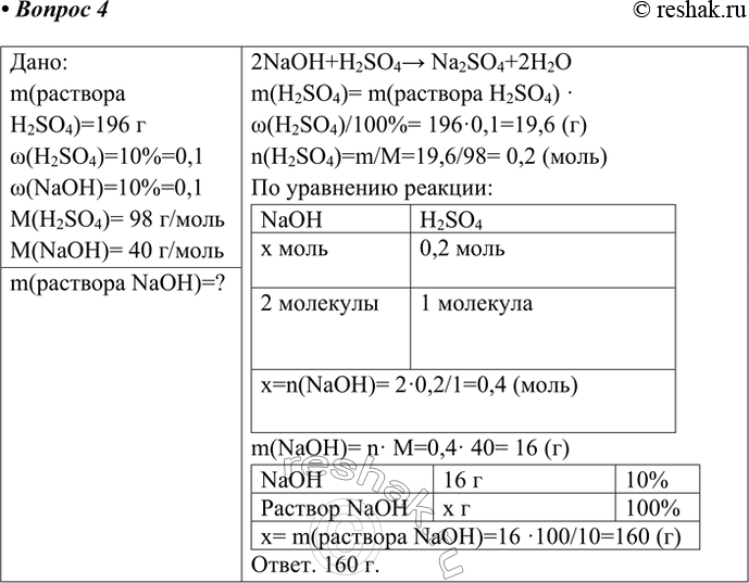 Решение задачи: 4. Сколько граммов раствора, содержащего 0,1 массовой доли, или 10%, гидроксида натрия, потребуется для нейтрализации 196 г раствора, содержащего 0,1 массовой доли, или 10 %, серной кислоты?