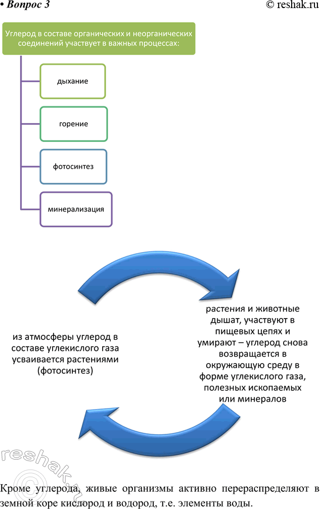 Решение задачи: 3. Используя знания химии, биологии, географии, подготовьте инфографику по теме «Участие живых организмов в перераспределении химических элементов в земной коре». Углерод в составе органических и неорганических соединений участвует в важных процессах: