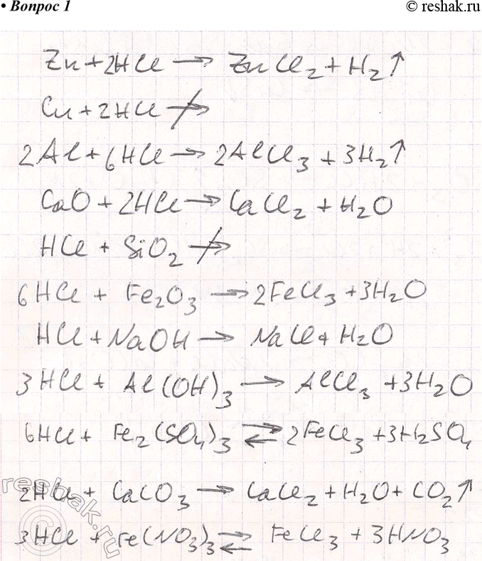 Решение задачи: 1. Даны следующие вещества: Zn, Сu, Al, CaO, SiO2, Fe2O3, NaOH, Аl(ОН)3, Fe2(SO4)3, СаСО3, Fe(NO3)3. Какие из этих веществ реагируют с соляной кислотой?