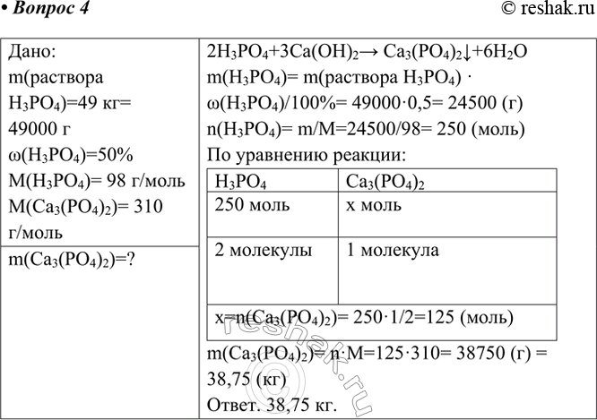 Решение задачи: 4. Раствор фосфорной кислоты массой 49 кг с массовой долей Н3РО4 50% нейтрализовали гидроксидом кальция. Определите массу образовавшегося фосфата кальция. Ответ 1 Дано: