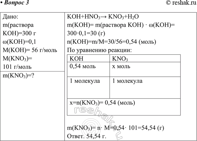Решение задачи: 3. К 300 г раствора, содержащего 0,1 массовой доли гидроксида калия, прилили азотную кислоту. Сколько граммов соли образовалось? Ответ 1 Дано: