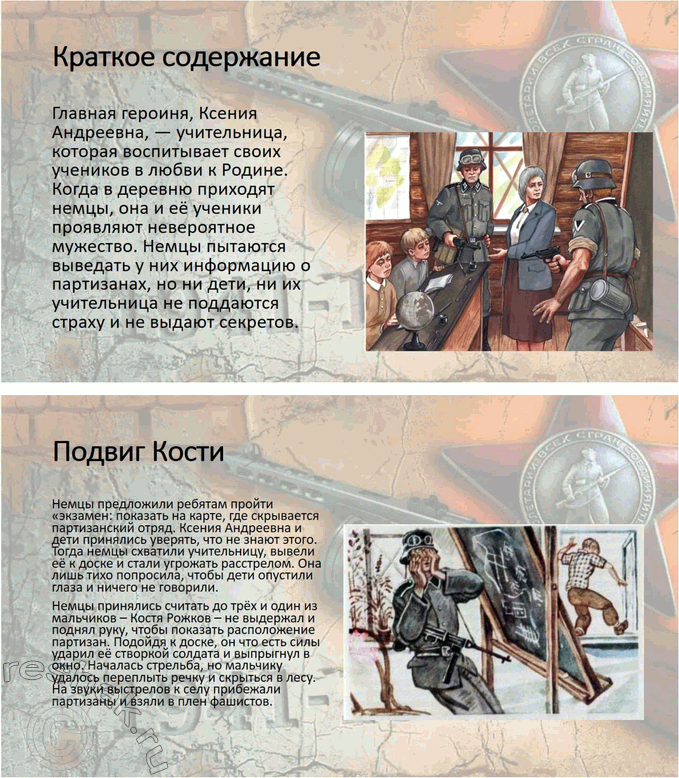 Решение задачи: 1. Что тебя особенно взволновало при чтении? Найди этот фрагмент и прочитай его выразительно вслух. Особенно взволновал момент, когда Ксения Андреевна рисковала собственной жизнью, защищая учеников и не выдавая партизан.