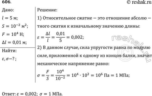 Решение задачи: Балка длиной 5 м с площадью поперечного сечения 100 см2 под действием сил по 10 кН, приложенных к ее концам, сжалась на 1 см.