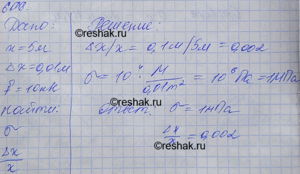 Решение задачи: Балка длиной 5 м с площадью поперечного сечения 100 см2 под действием сил по 10 кН, приложенных к ее концам, сжалась на 1 см.