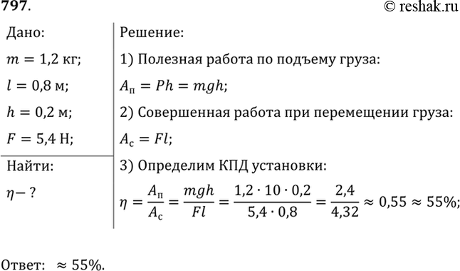 Решение задачи: 797. Груз, масса которого 1,2 кг, ученик равномерно переместил к вершине наклонной плоскости длиной 0,8 м и высотой 0,2 м. При этом перемещении сила, направленная параллельно линии наклона плоскости, была равна 5,4 Н.