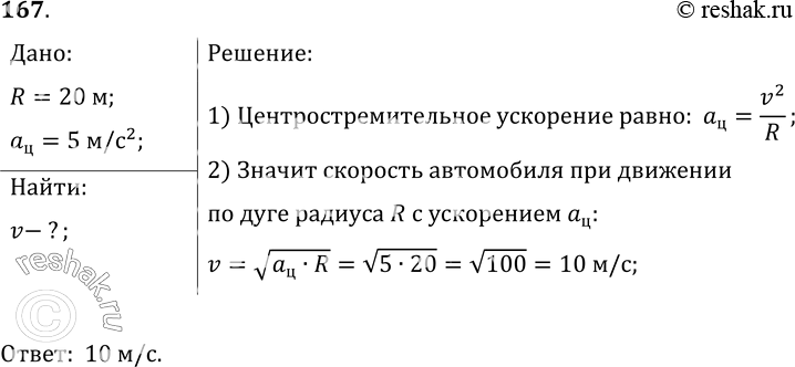 Решение задачи: 167. Автомобиль движется по закруглению дороги, радиус которой равен 20 м. Определите скорость автомбиля, если центростремительное ускорение равно 5 м/с2.