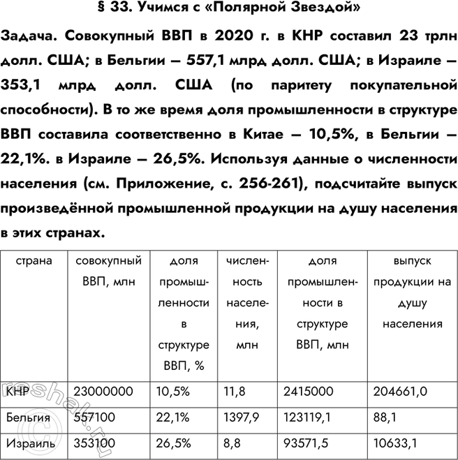 Решение задачи: § 33. Учимся с «Полярной Звездой» Задача. Совокупный ВВП в 2020 г. в КНР составил 23 трлн долл. США; в Бельгии – 557,1 млрд долл.