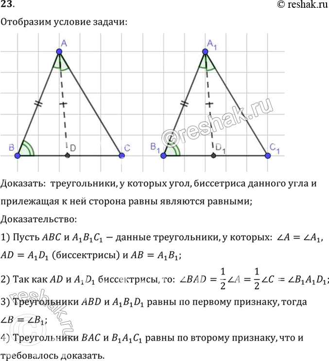 Решение задачи: 23. Докажите равенство треугольников по углу, биссектрисе этого угла и стороне, прилежащей к этому углу. Доказать: треугольники, у которых угол, биссетриса данного угла и прилежащая к ней сторона равны являются равными;