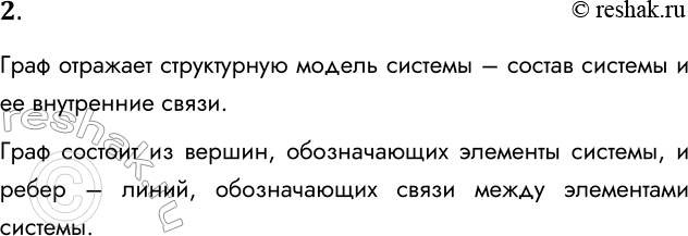 Решение задачи: 2. Что такое граф? Из чего он состоит? Граф отражает структурную модель системы – состав системы и ее внутренние связи. Граф состоит из вершин, обозначающих элементы системы, и ребер – линий, обозначающих связи между элементами системы.
