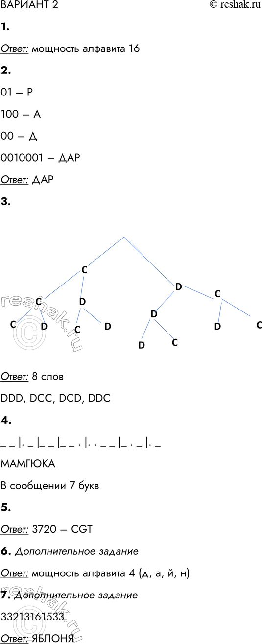 Решение задачи: ВАРИАНТ 2 1. Рассмотрим алфавит, состоящий из следующих символов: 0, 1, 2, 3, 4, 5, 6, 7, 8, 9, А, В, С, D, Е, F.