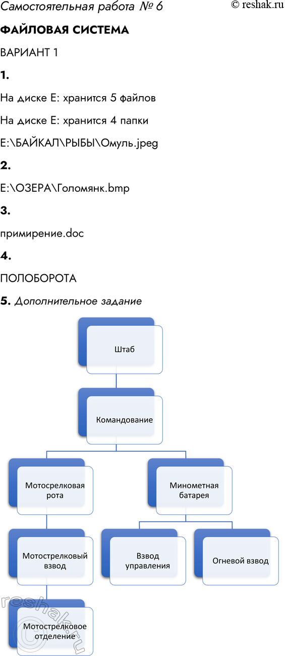 Решение задачи: Самостоятельная работа № 6 ФАЙЛОВАЯ СИСТЕМА ВАРИАНТ 1 1. Рассмотрите рисунок: Е: ОНЕЖСКОЕ Рыбы.хів ЛАДОЖСКОЕ Кольчатая Hepna.doc БАЙКАЛ РЫБЫ Голомянка.bmp Омуль.іреё Таймень.tif Сколько всего файлов хранится на диске Е: