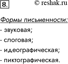 Решение задачи: 8. Какие существуют формы письменности? Формы письменности: - звуковая; - слоговая; - идеографическая; - пиктографическая. *Цитирирование задания со ссылкой на учебник производится исключительно в учебных целях для лучшего понимания разбора решения задания.