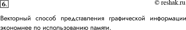 Решение задачи: 6. Какой способ представления графической информации экономнее но использованию памяти? Векторный способ представления графической информации экономнее по использованию памяти. *Цитирирование задания со ссылкой на учебник производится исключительно в учебных целях для лучшего понимания разбора решения задания.