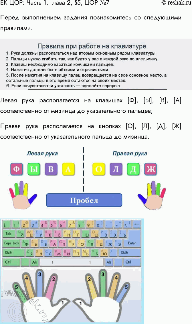 Решение задачи: ЕК ЦОР: Часть 1, глава 2, § 5. ЦОР № 5, 7. Перед выполнением задания познакомитесь со следующими правилами. Левая рука располагается на клавишах [Ф], [Ы], [В], [А] соответственно от мизинца до указательного пальцев;