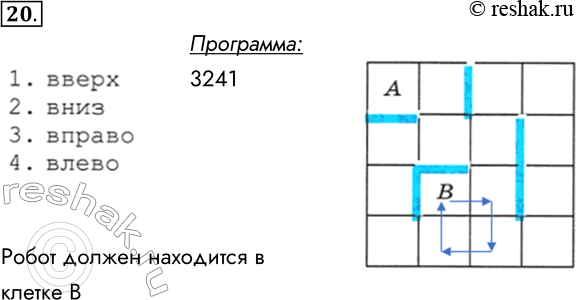 Решение задачи: 20. В какой клетке (А или В) должен находиться исполнитель Робот из примера 8, чтобы после выполнения алгоритма 3241 (где цифры — это номера команд Робота) в неё же и вернуться?