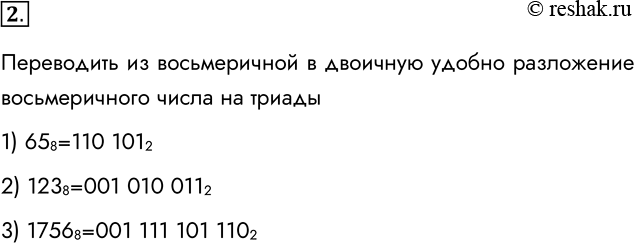 Решение задачи: 2. Переведите целые числа из восьмеричной системы счисления в двоичную: а) 65 8; б) 123 8; в) 1756 8. Переводить из восьмеричной в двоичную удобно разложение восьмеричного числа на триады 1) 658=110 1012 2) 1238=001 010 0112 3) 17568=001 111 101 1102 *Цитирирование задания со ссылкой на учебник производится исключительно в учебных целях для лучшего понимания разбора решения задания.