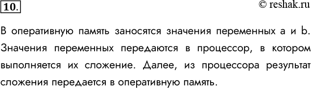 Решение задачи: 10. Опишите процесс выполнения операторов присваивания: а :=3; b := 4; а := а + b В оперативную память заносятся значения переменных a и b.