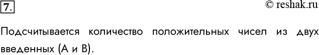 Решение задачи: 7. Какая задача решается с помощью следующего алгоритма? Подсчитывается количество положительных чисел из двух введенных (А и В). *Цитирирование задания со ссылкой на учебник производится исключительно в учебных целях для лучшего понимания разбора решения задания.
