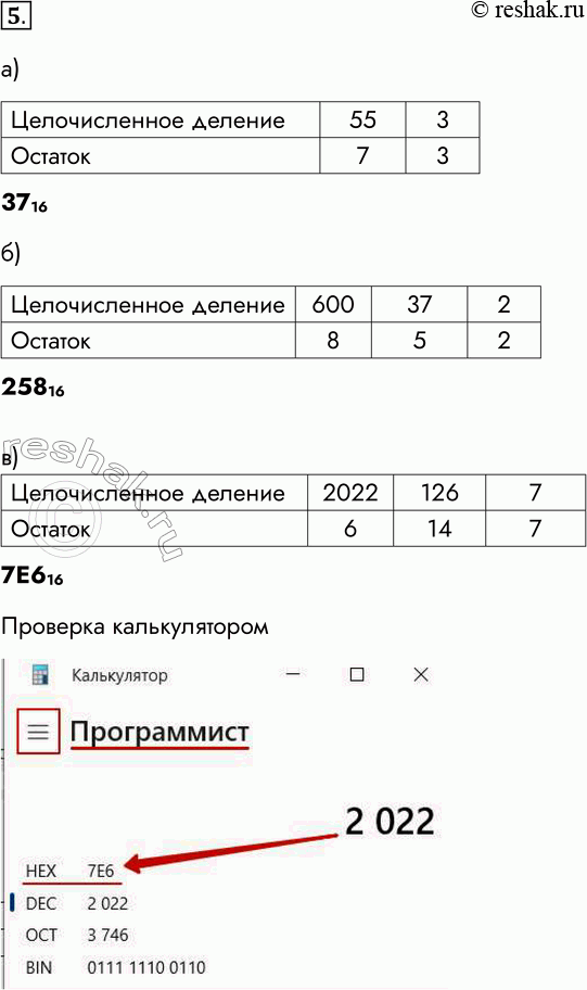 Решение задачи: 5. Переведите целые числа из десятичной системы счисления в шестнадцатеричную: а) 55; 3716 б) 600; 25816 в) 2022. 7Е616 Проверка калькулятором *Цитирирование задания со ссылкой на учебник производится исключительно в учебных целях для лучшего понимания разбора решения задания.