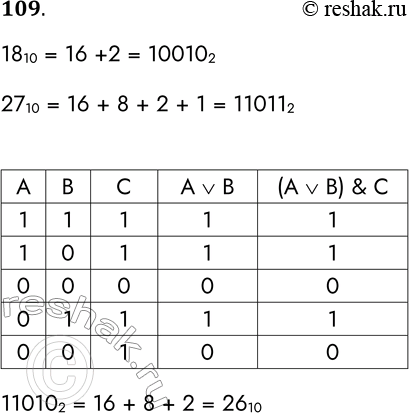 Решение задачи: 109. Даны три числа: А = 11000 2, В = 18 10, С = 27 10. Переведите А, В и С в двоичную систему счисления и выполните поразрядно логические операции (A v В) &amp;