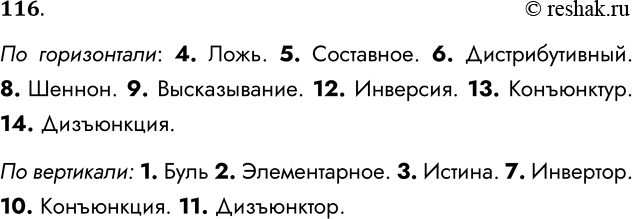 Решение задачи: 116 Разгадайте кроссворд «Математические основы информатики» . По горизонтали. 4. Одна из двух оценок логического высказывания. 5. Высказывание, построенное из простых с помощью логических связок.