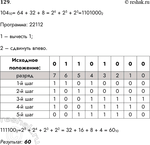 Решение задачи: 129. Исполнитель Байт работает с беззнаковым 8-разрядным представлением целых чисел. Байт может исполнять команды, которым присвоены номера: 1. вычти 1 2.