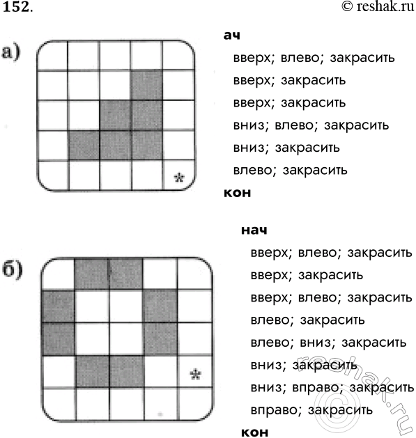 Решение задачи: 152. Запишите линейный алгоритм, исполняя который, Робот нарисует на клетчатом поле следующий узор и вернётся в исходное положение. a) ач вверх;
