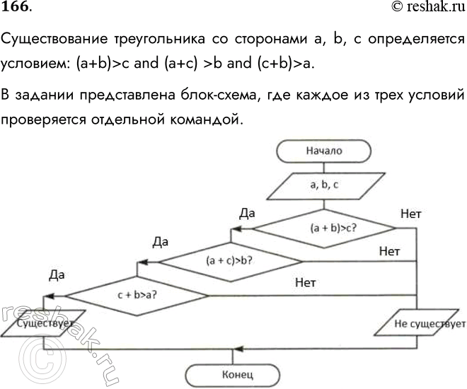 Решение задачи: 166. Продумайте алгоритм, позволяющий определить, существует ли треугольник с длинами сторон а, b, с. Сделайте соответствующие записи в блок-схеме. Существование треугольника со сторонами a, b, c определяется условием: