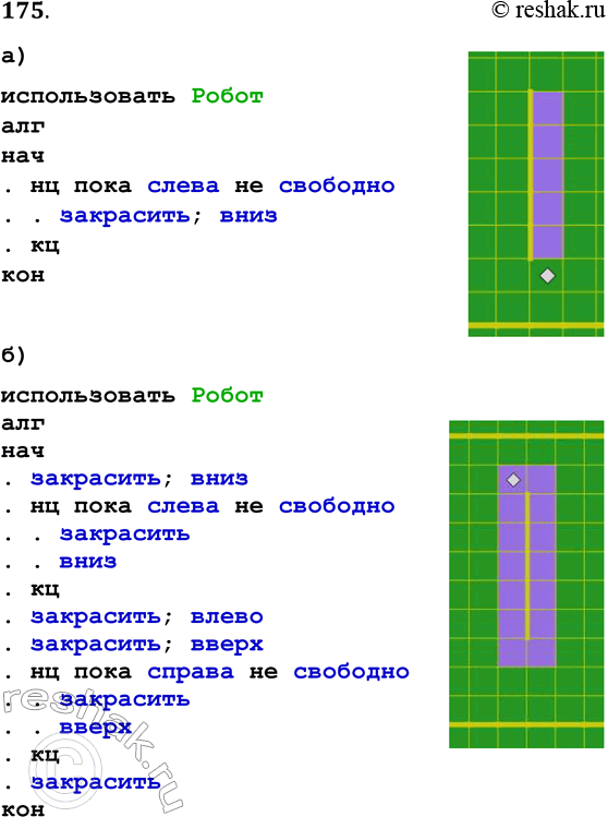 Решение задачи: 175. Запишите алгоритм, под управлением которого Робот, начальное положение которого отмечено *, закрасит выделенные на рисунке клетки, расположенные вдоль стены. Длина стены неизвестна.