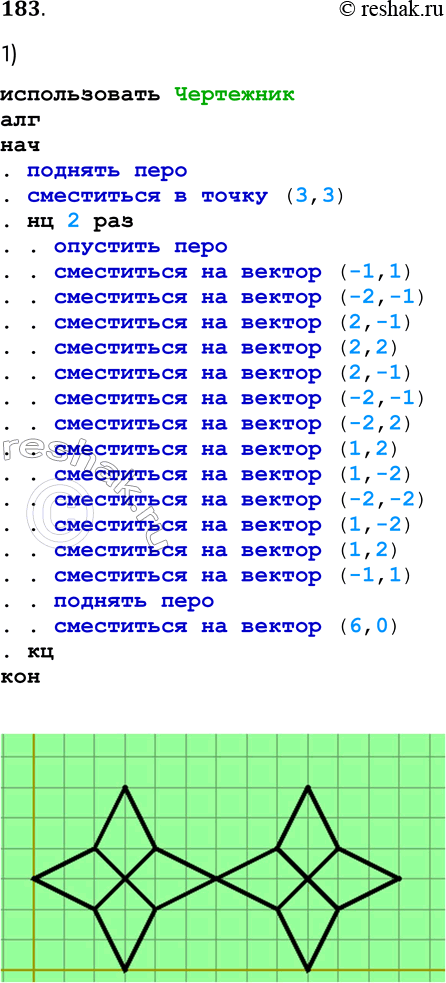 Решение задачи: 183. 1) Определите, что будет нарисовано на поле после выполнения Чертёжником алгоритма. нач поднять перо сместиться в точку (6,3) нц 2 раз опустить перо сместиться на вектор (-1,1) сместиться на вектор (-2,-1) сместиться на вектор (2,-1) сместиться на вектор (2,2) сместиться на вектор (2,-1) сместиться на вектор (-2,-1) сместиться на вектор (-2,2) сместиться на вектор (1,2) сместиться на вектор (1,-2) сместиться на вектор (-2,-2) сместиться на вектор (1,-2) сместиться на вектор (1,2) сместиться на вектор (-1,1) поднять перо сместиться на вектор (6,0) кц кон использовать Чертежник алг нач .