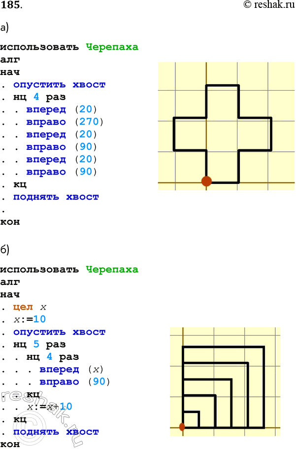 Решение задачи: 185. Определите, что будет нарисовано на поле после выполнения Черепахой алгоритма. Исходное положение Черепахи отмечено точкой. а) нач нц 4 раз вперёд(20) вправо(270) вперёд(20) вправо(90) вперёд(20) вправо(90) кц кон использовать Черепаха алг нач .