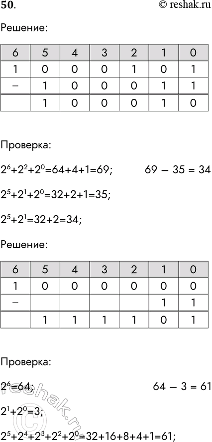 Решение задачи: 50. Выполните операцию вычитания над двоичными числами. Выполните проверку, переведя уменьшаемое, вычитаемое и разность в десятичную систему счисления. 1000101 - 100011 1000000 - 11 Проверка: