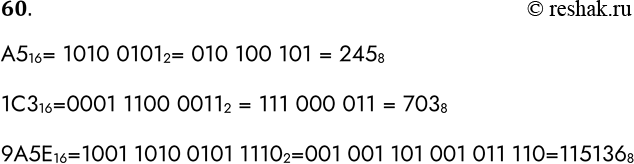 Решение задачи: 60. Переведите числа из шестнадцатеричной системы счисления в восьмеричную: А516 = 1C316 = 9A5E16 = A516= 1010 01012= 010 100 101 = 2458 1C316=0001 1100 00112 = 111 000 011 = 7038 9А5Е16=1001 1010 0101 11102=001 001 101 001 011 110=1151368 *Цитирирование задания со ссылкой на учебник производится исключительно в учебных целях для лучшего понимания разбора решения задания.