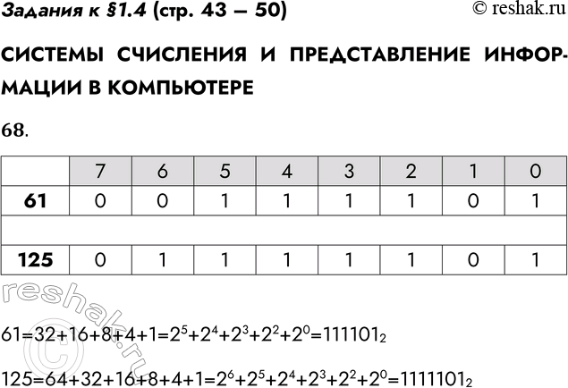 Решение задачи: Задания к §1.4 (стр. 43 – 50) СИСТЕМЫ СЧИСЛЕНИЯ И ПРЕДСТАВЛЕНИЕ ИНФОР-МАЦИИ В КОМПЬЮТЕРЕ 68. Представьте десятичные числа в беззнаковом 8-разрядном формате.