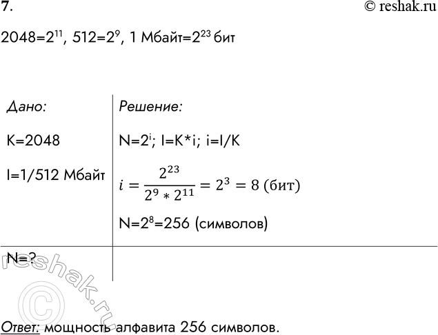 Решение задачи: 7. Количество информации в сообщении, содержащем 2048 символов, составляет 1/512 часть мегабайта. Какова мощность алфавита, с помощью которого записано сообщение? 2048=211, 512=29, 1 Мбайт=223 бит Дано:
