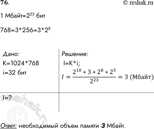 Решение задачи: 76. Вычислите необходимый объём видеопамяти для графического режима, если разрешение экрана монитора 1024x768, глубина цвета 32 бит. Дано: К = 1024x768 i — 32 бит Решение: